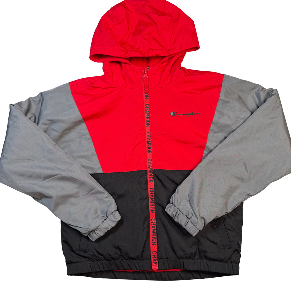 Champion Windbreaker Boys L 10/12 Fleece Lined Hooded Full Zip Red Black Gray